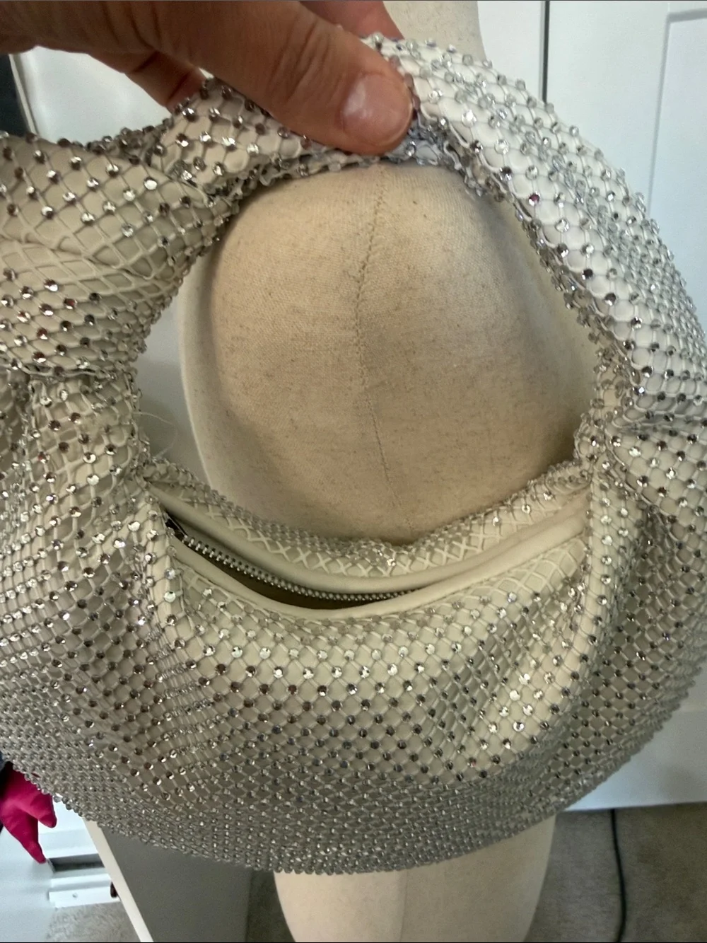 Crystal-Embellished White Hobo Bag